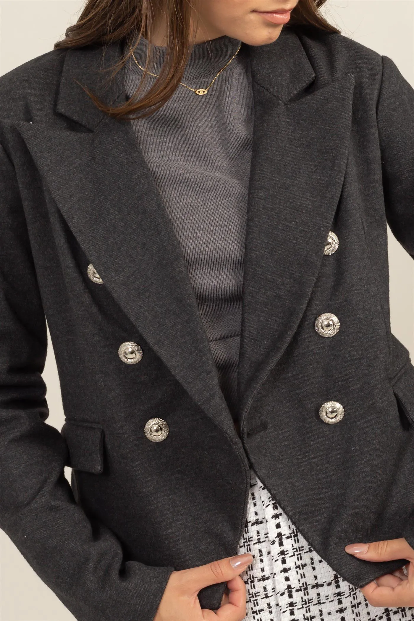 HF24F345-Double-Breasted Fitted Blazer