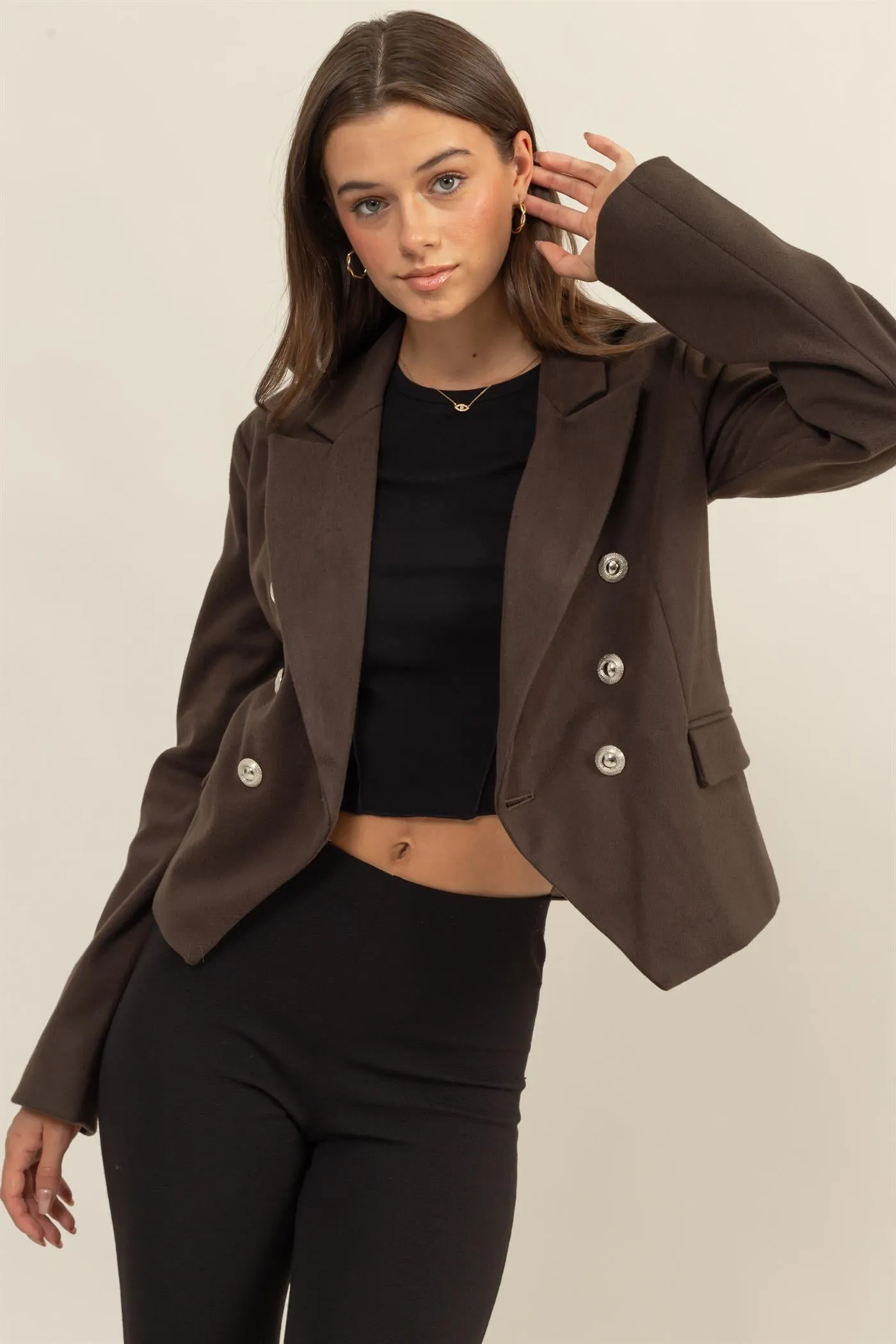 HF24F345-Double-Breasted Fitted Blazer