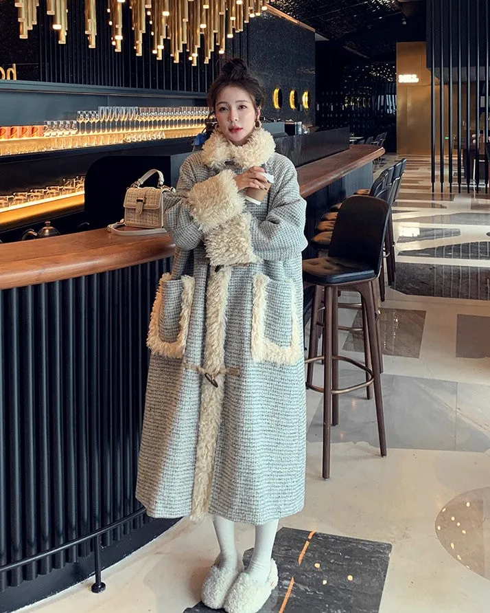 Horn Buckle Houndstooth Woolen Winter Women's Coat