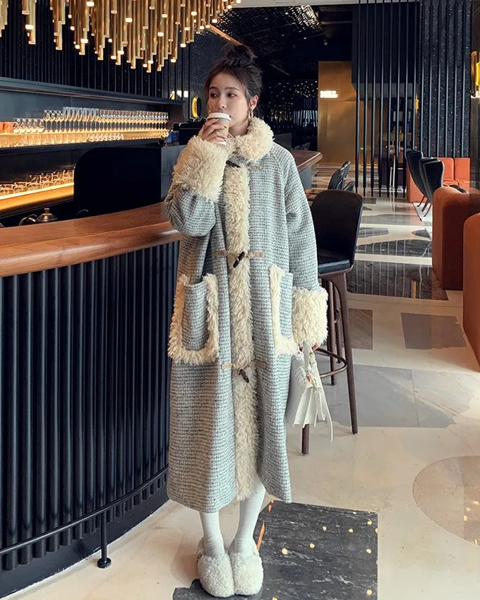 Horn Buckle Houndstooth Woolen Winter Women's Coat