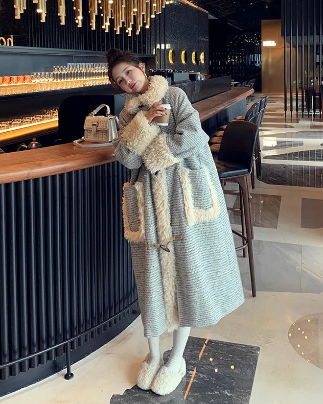 Horn Buckle Houndstooth Woolen Winter Women's Coat