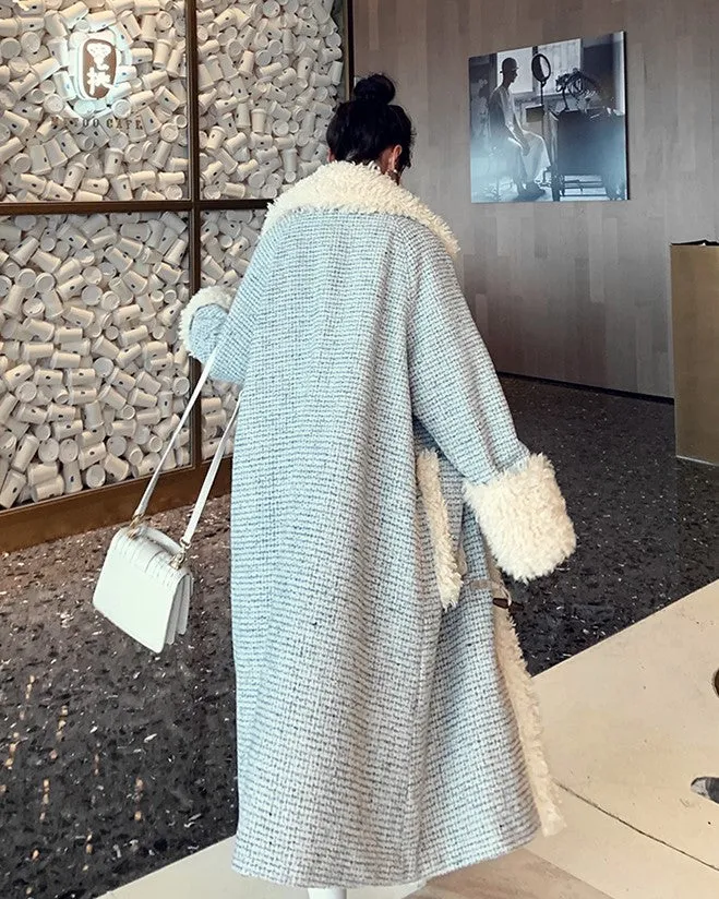Horn Buckle Houndstooth Woolen Winter Women's Coat