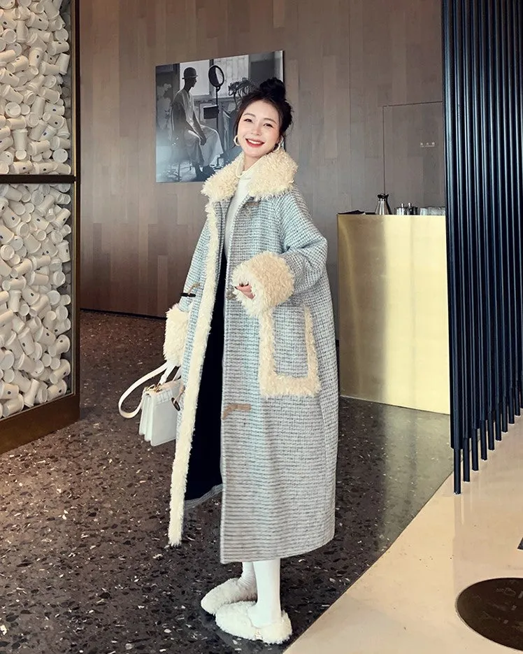 Horn Buckle Houndstooth Woolen Winter Women's Coat