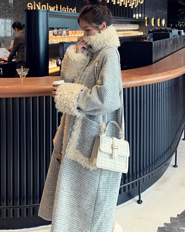 Horn Buckle Houndstooth Woolen Winter Women's Coat
