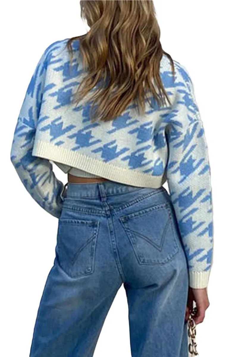 HWT1045 Bold Houndstooth Crop Cardigan