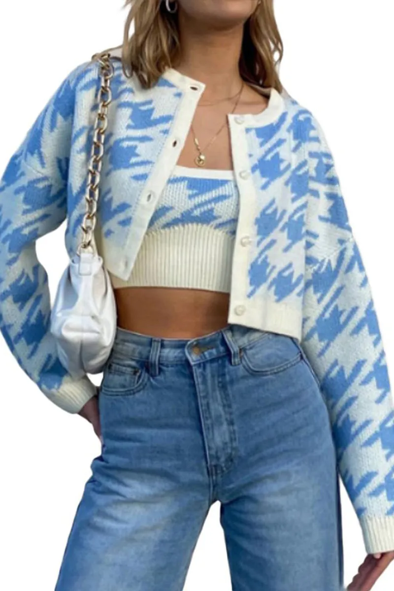 HWT1045 Bold Houndstooth Crop Cardigan