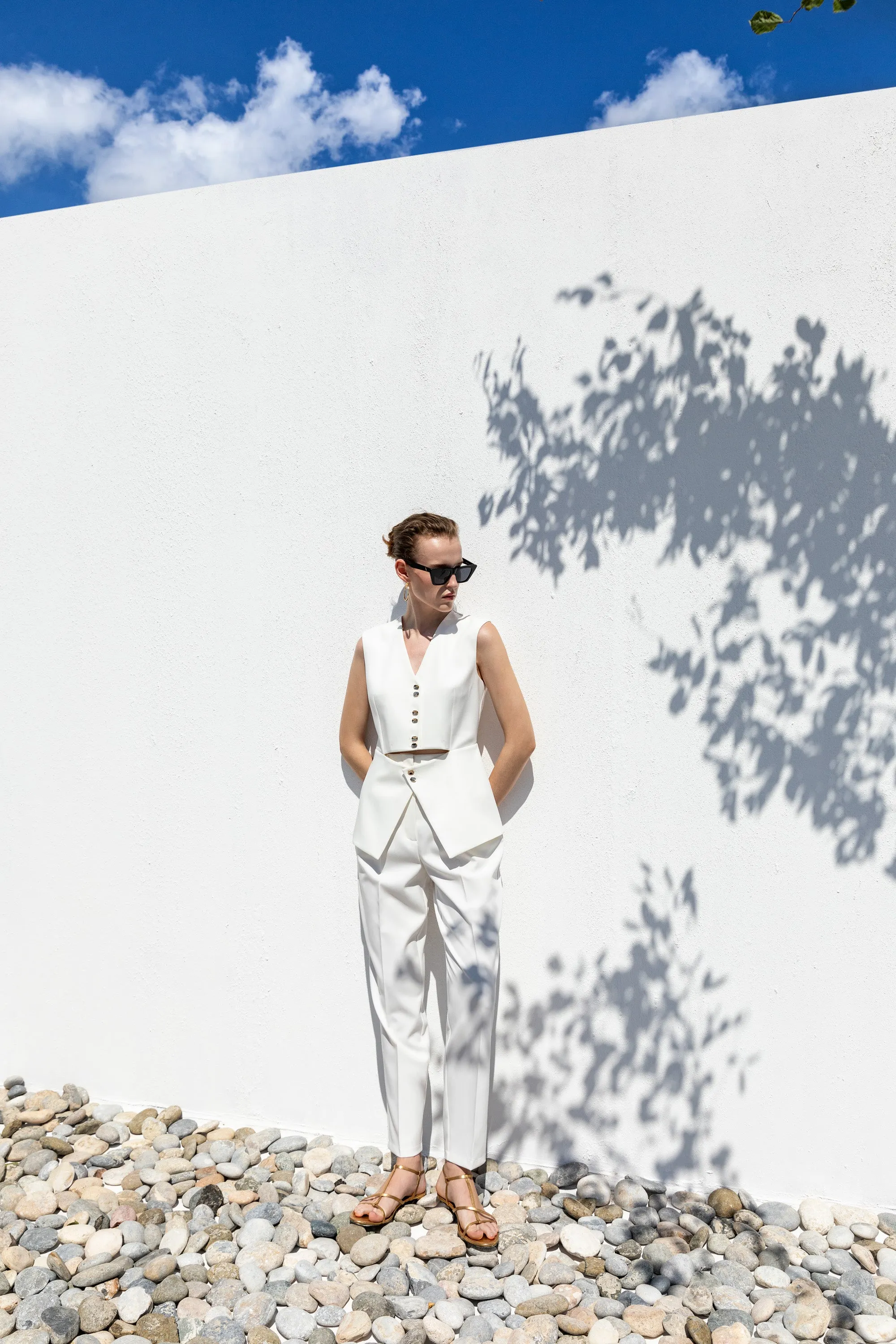 Kameya Cream High Waisted Trousers With Front Seam