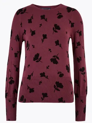 Ladies Dark Red Floral Print Super Soft Long Sleeve Jumper