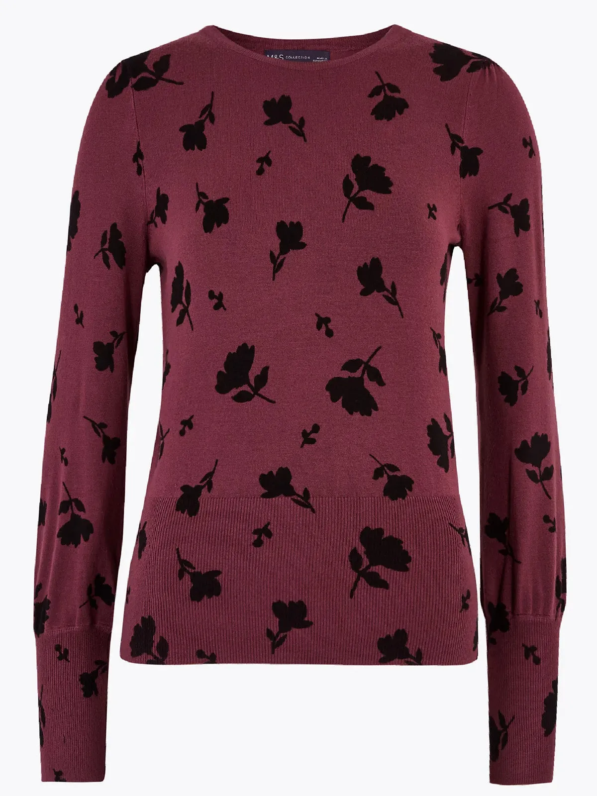 Ladies Dark Red Floral Print Super Soft Long Sleeve Jumper
