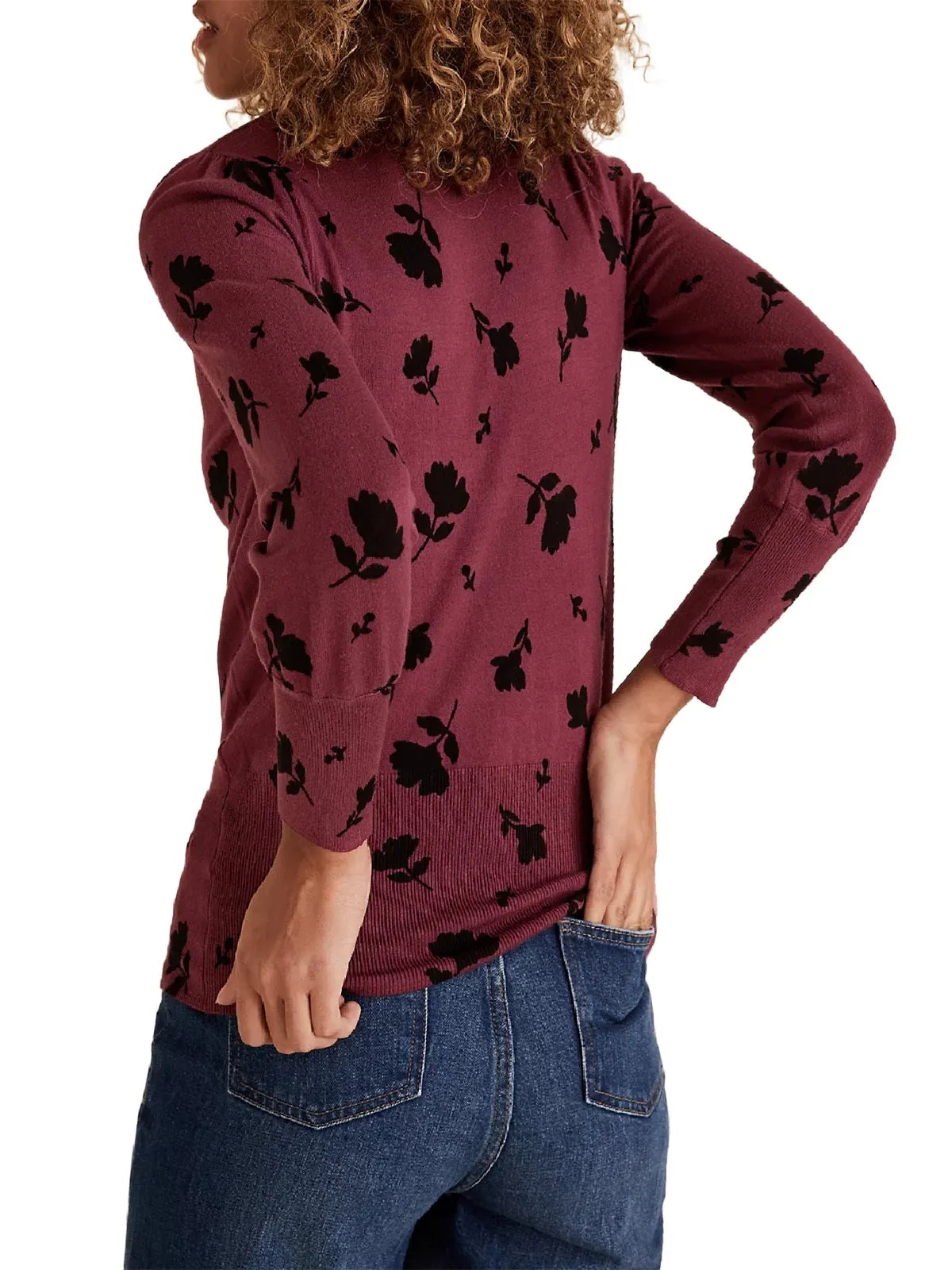 Ladies Dark Red Floral Print Super Soft Long Sleeve Jumper