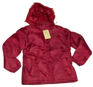 Ladies Red Faux Fur Trim Removeable Hood Winter Coat
