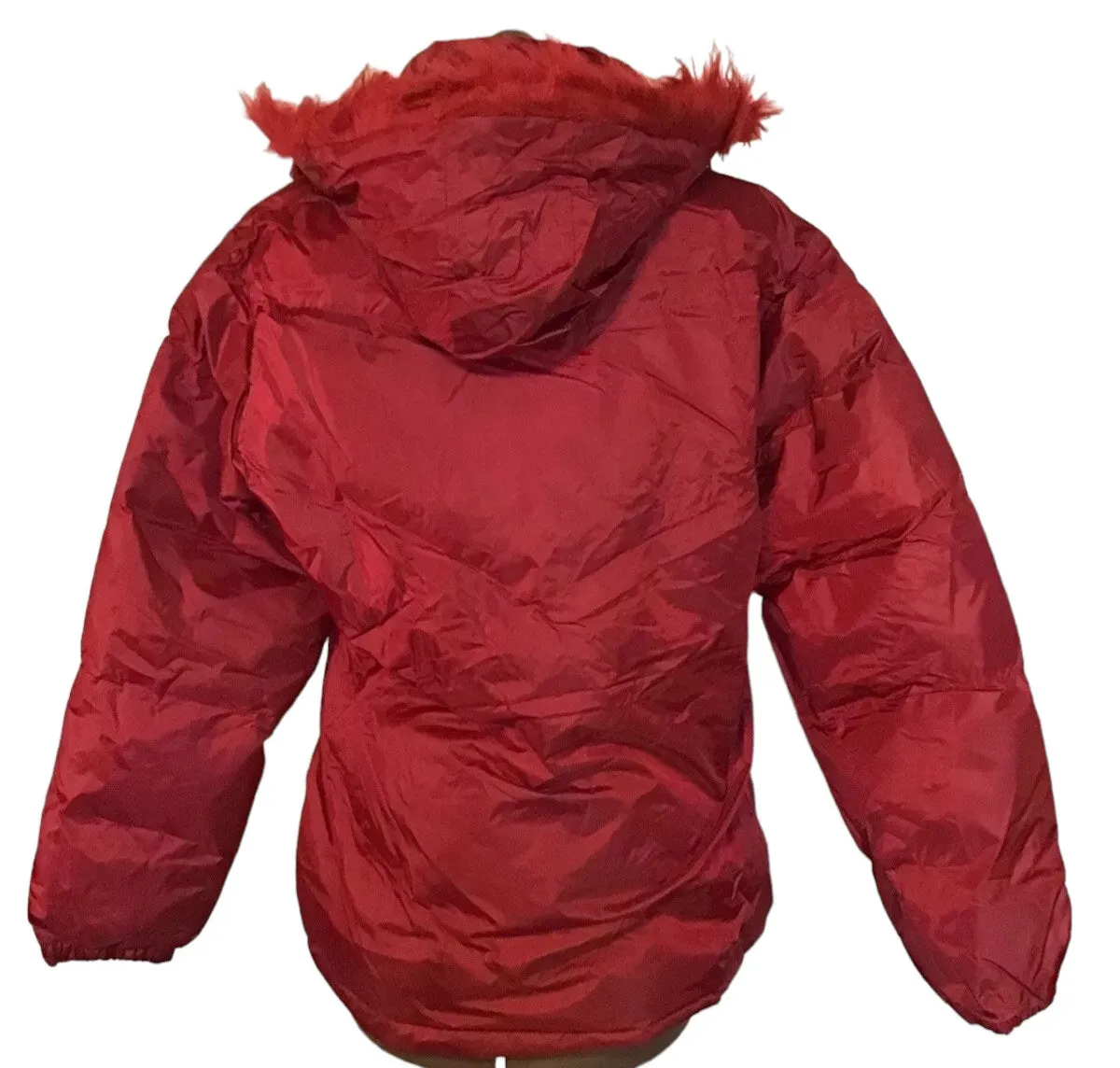 Ladies Red Faux Fur Trim Removeable Hood Winter Coat