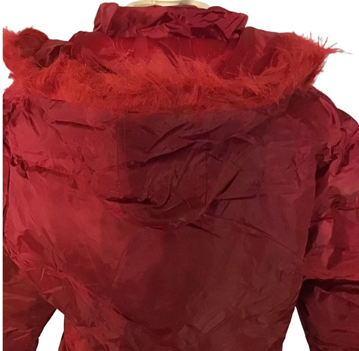 Ladies Red Faux Fur Trim Removeable Hood Winter Coat