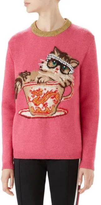 Long Sleeve Cat Tea Cup Studded Sweater