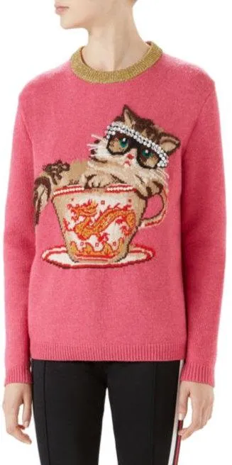 Long Sleeve Cat Tea Cup Studded Sweater