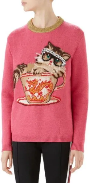 Long Sleeve Cat Tea Cup Studded Sweater