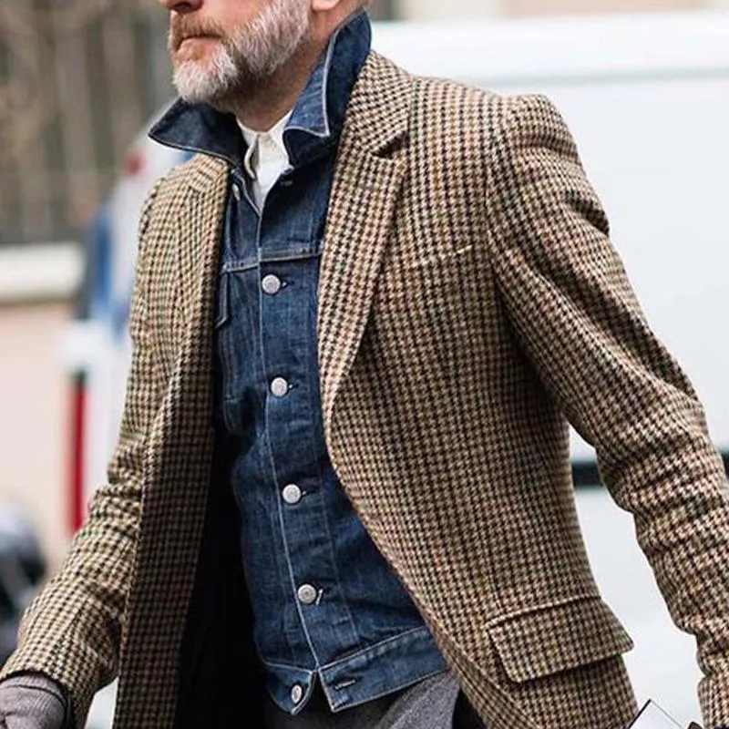Men's Casual Houndstooth Mid-Length Coat 20159245X