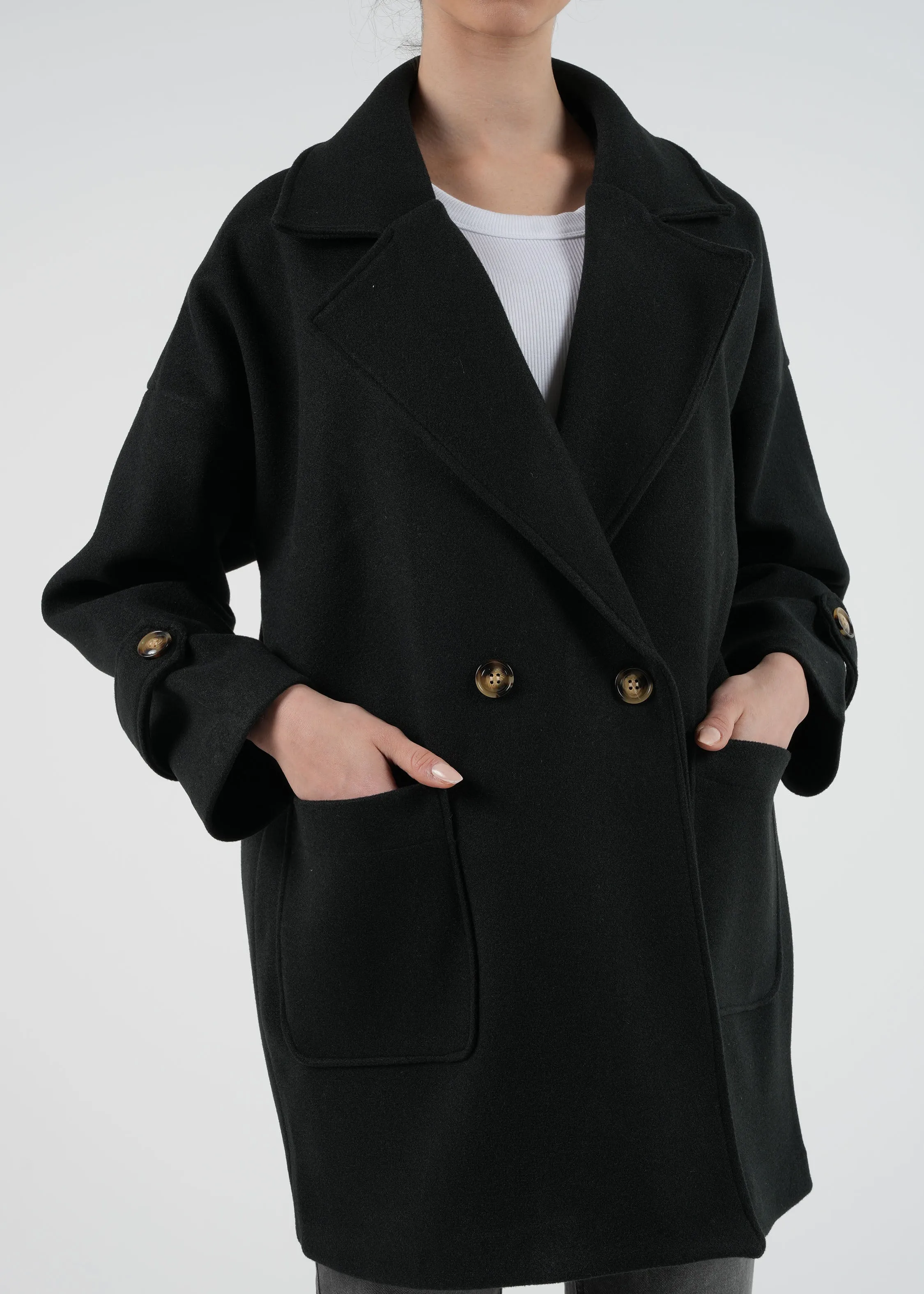 Oversized Double-Breasted Coat with Buttoned Sleeves