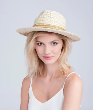 Pale Gold Embellished Paper Straw Fedora Hat with UPF 50 Sun Protection