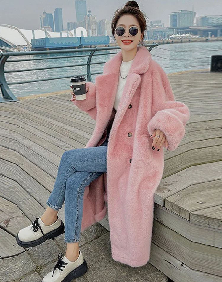 Pink Fur One-Piece Mink Velvet Hot Thickened Plush Women's Coat