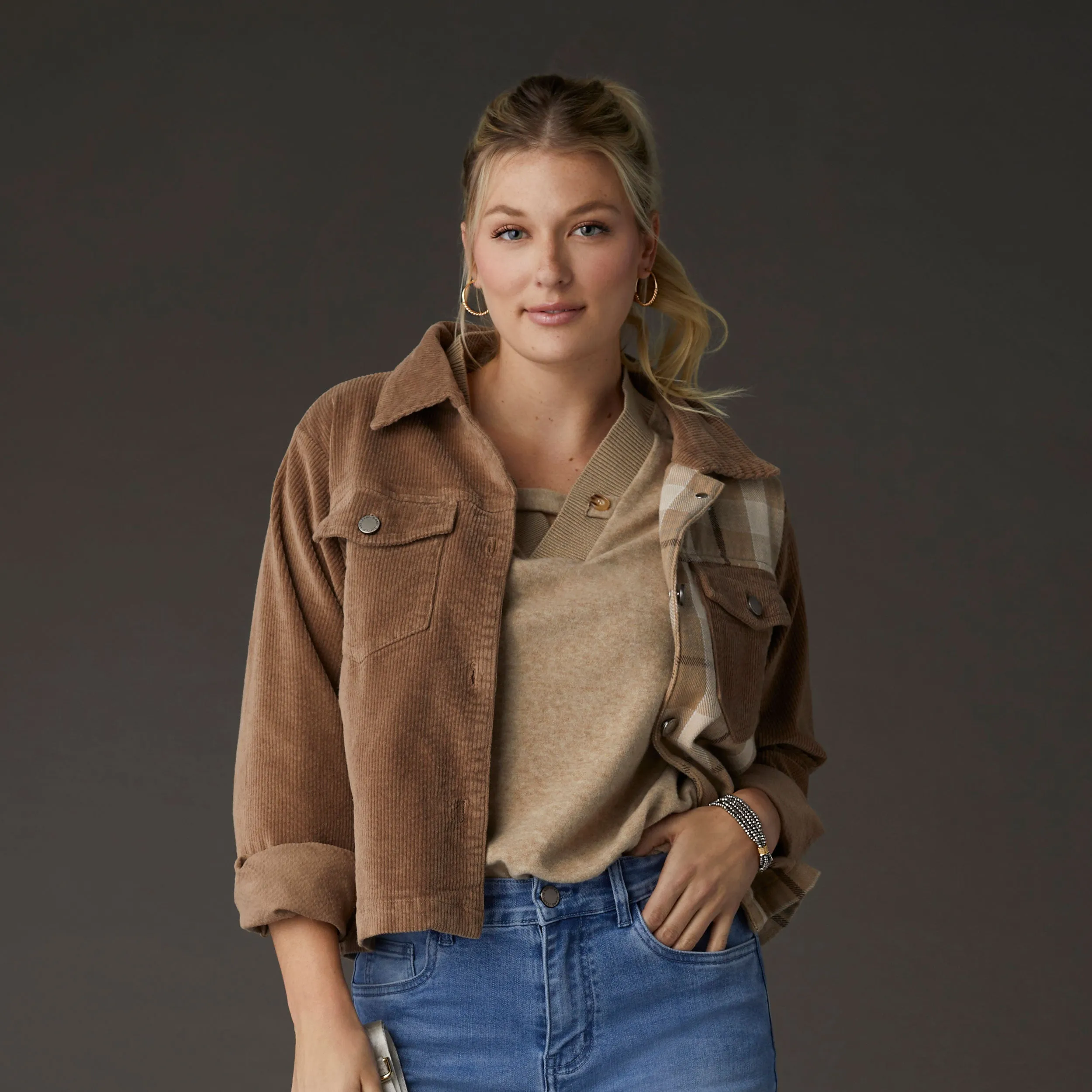 Roark Corduroy Button Front Jacket - Latte Plaid - Final Sale