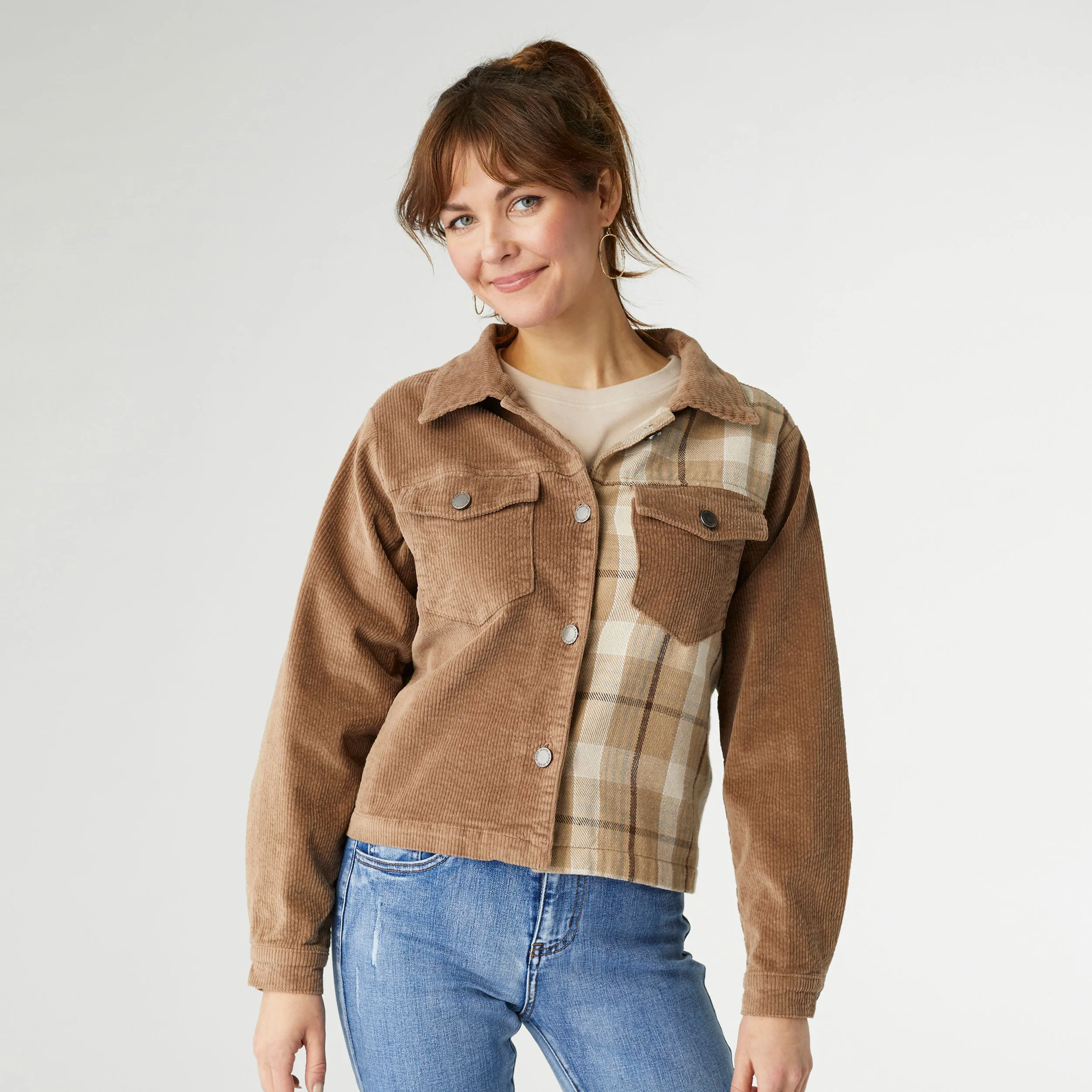 Roark Corduroy Button Front Jacket - Latte Plaid - Final Sale