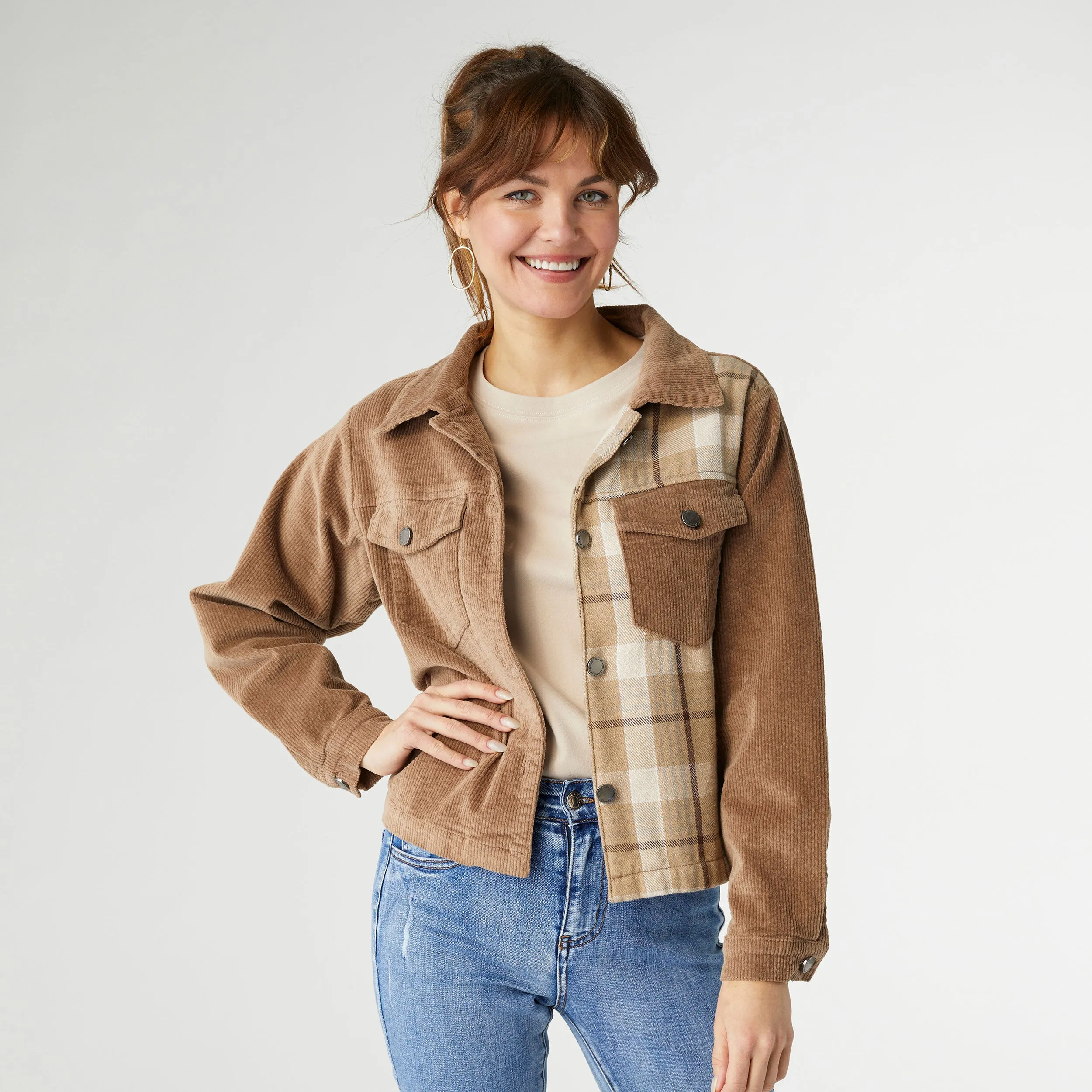 Roark Corduroy Button Front Jacket - Latte Plaid - Final Sale