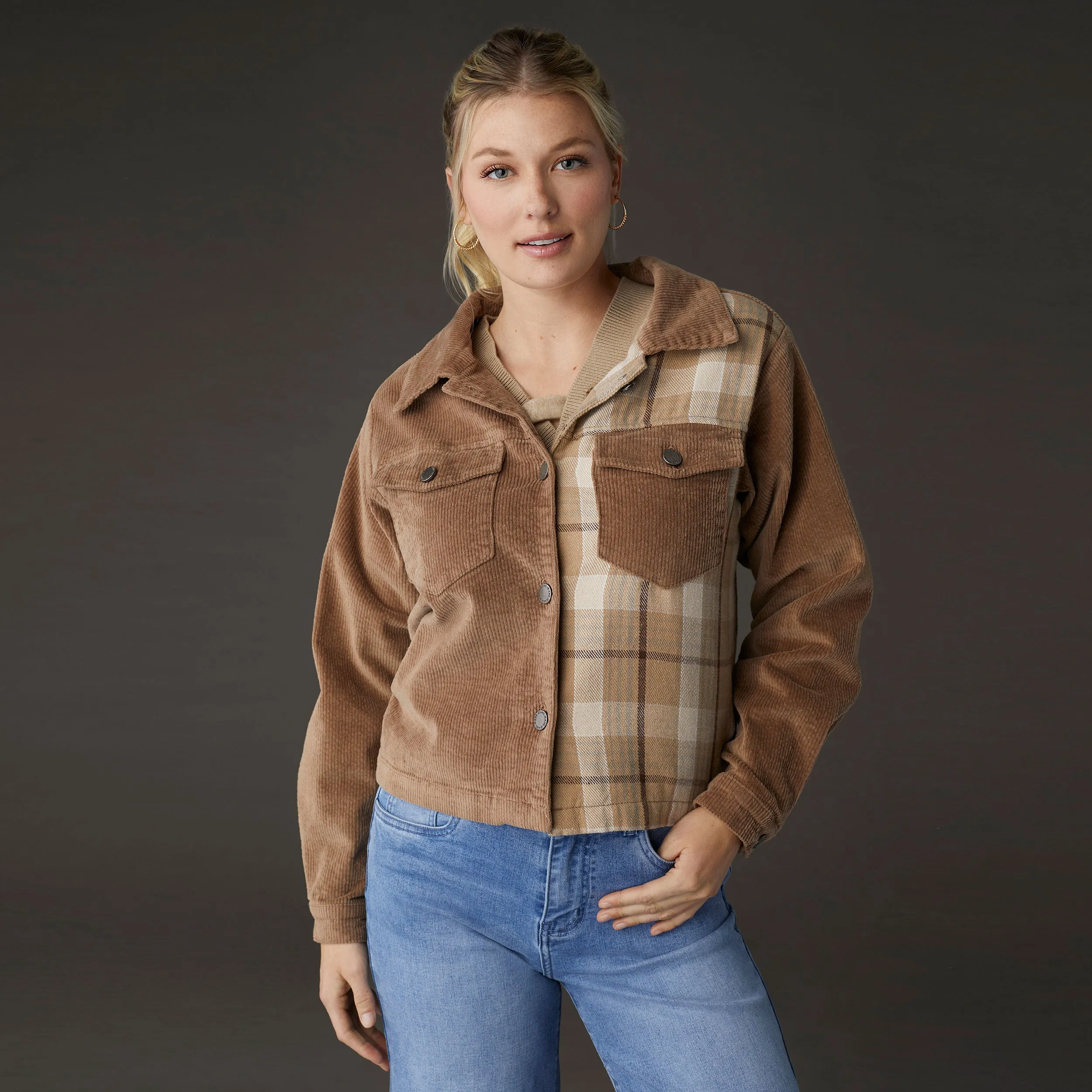 Roark Corduroy Button Front Jacket - Latte Plaid - Final Sale