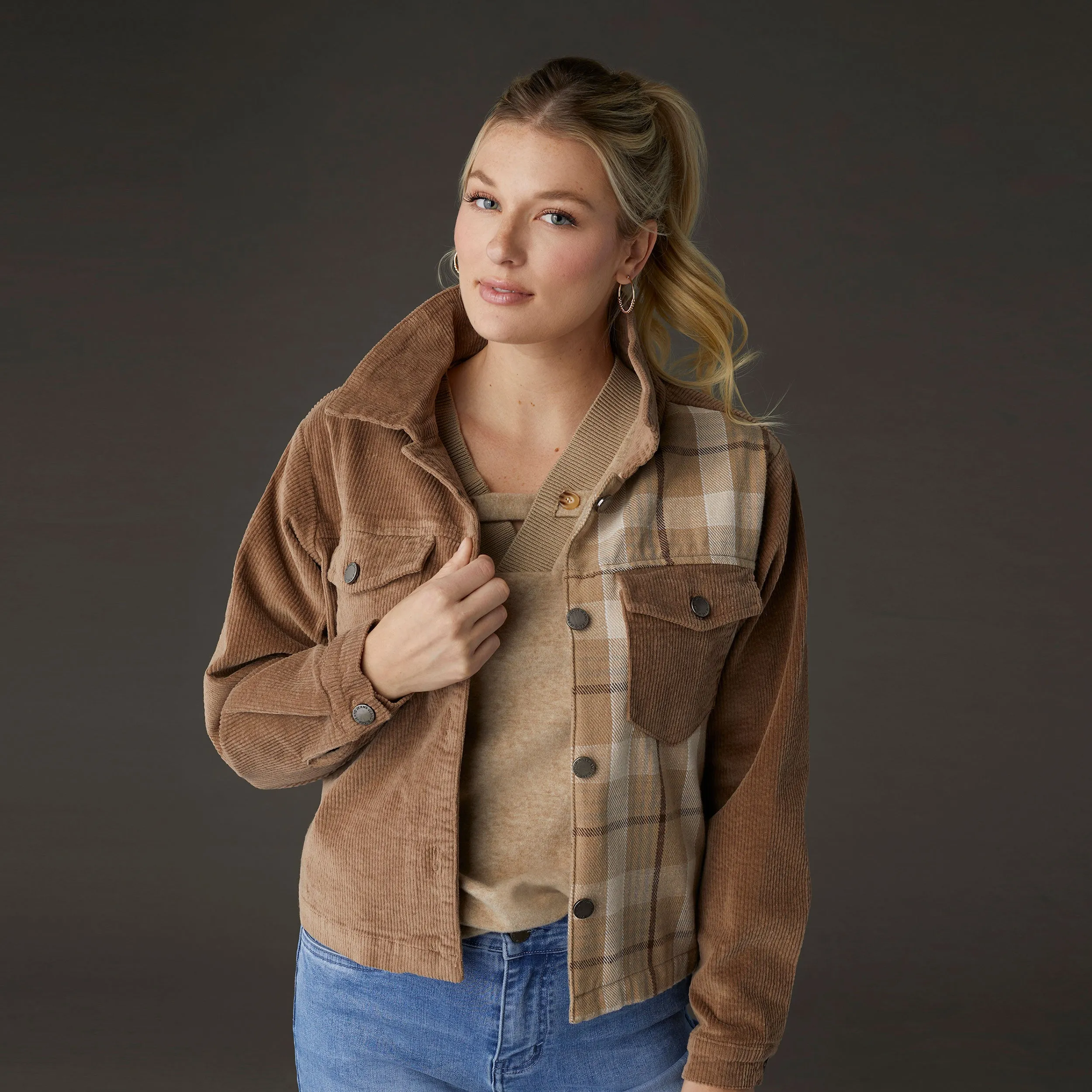 Roark Corduroy Button Front Jacket - Latte Plaid - Final Sale