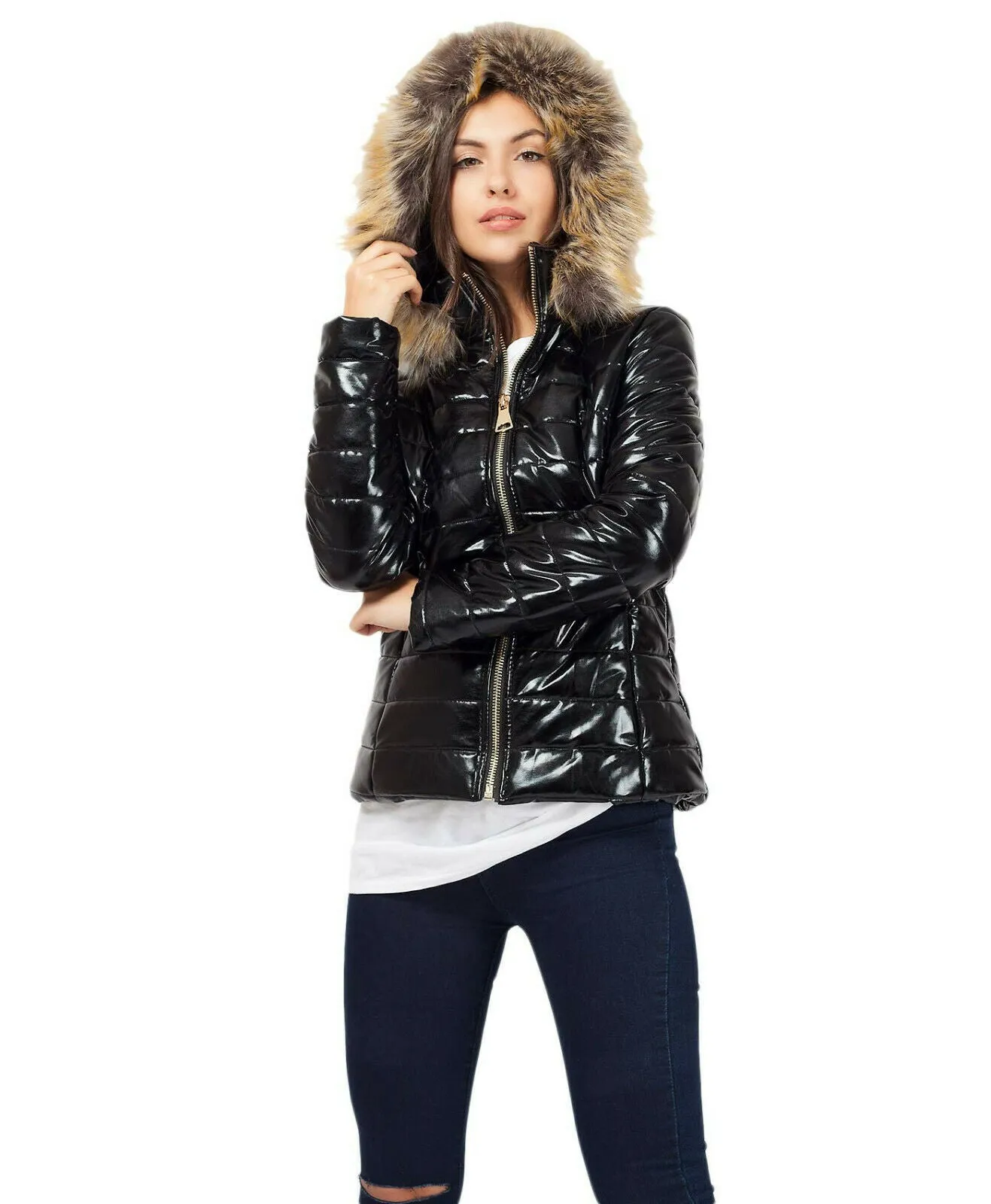 Shiny Padded Faux Fur Hood Bin Black Coat
