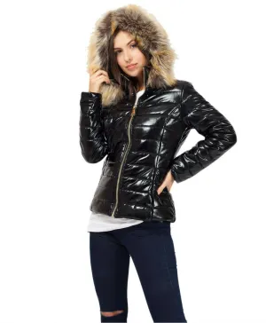 Shiny Padded Faux Fur Hood Bin Black Coat