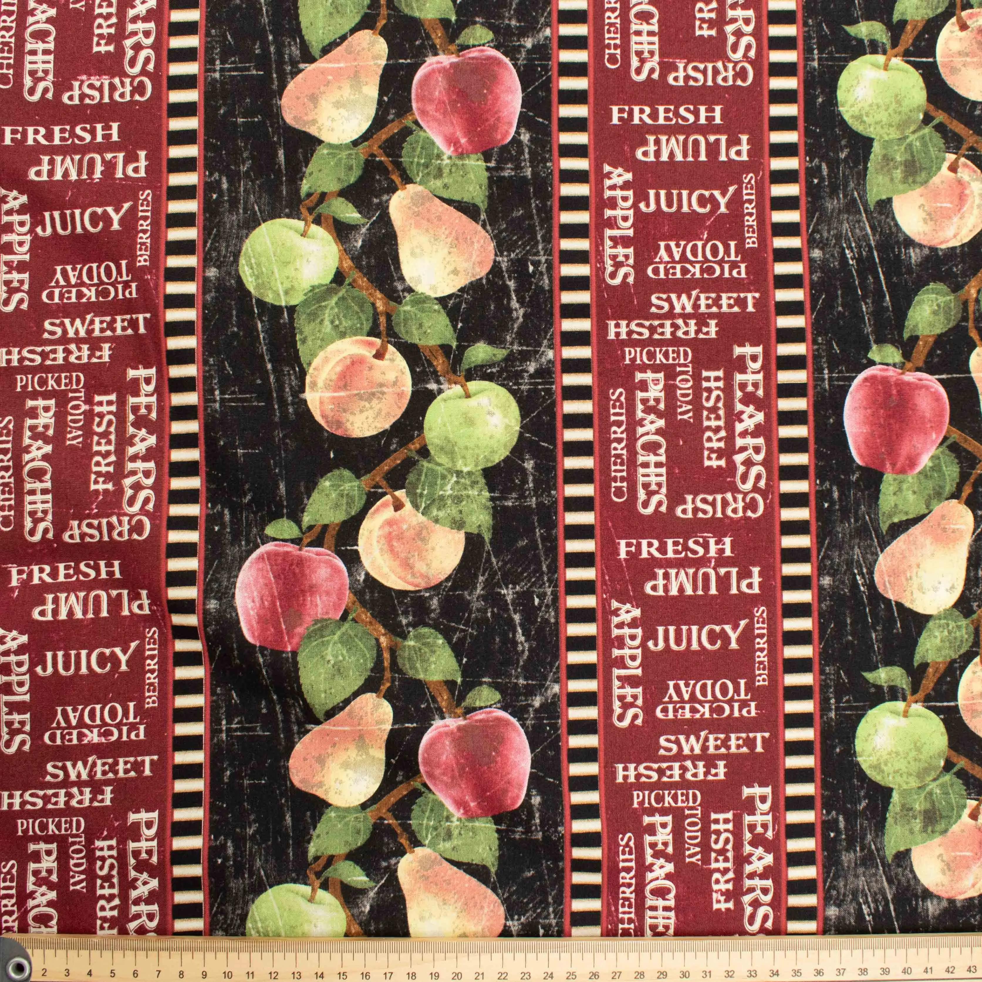 Wilmington Prints From the Market Fruit on Black With Red Stripes Cotton Prints