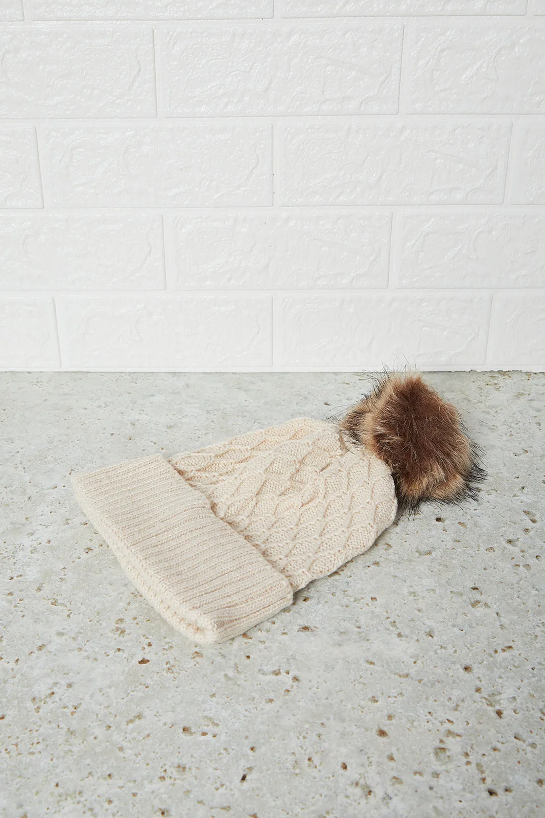 Women Beige And Brown Embellished Knitted Cap (Pack of 2)