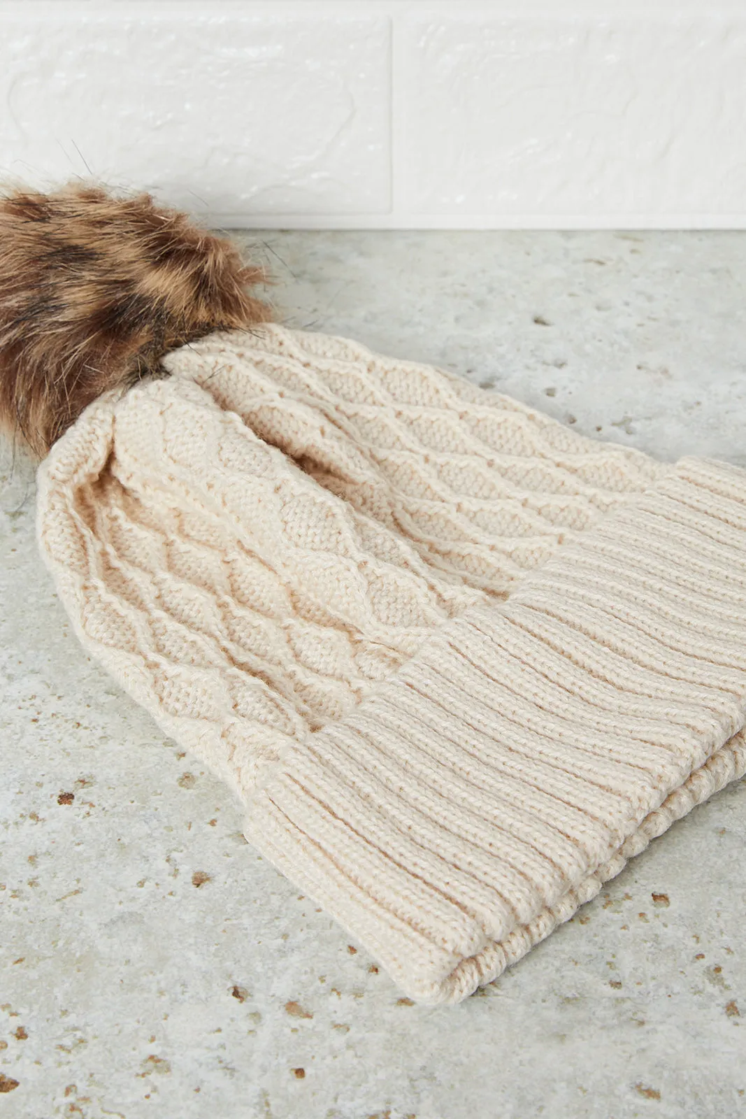 Women Beige And Brown Embellished Knitted Cap (Pack of 2)