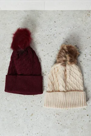Women Beige And Brown Embellished Knitted Cap (Pack of 2)