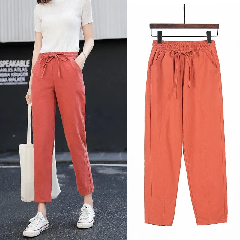 Womens Spring Summer Cotton Linen Elastic Waist Harem Pants