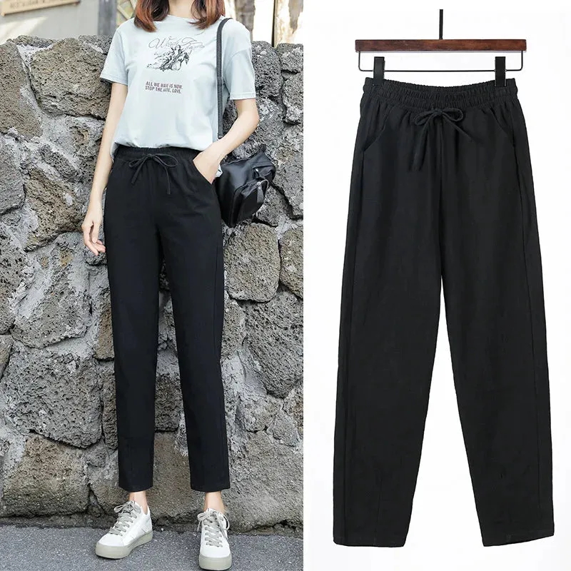 Womens Spring Summer Cotton Linen Elastic Waist Harem Pants