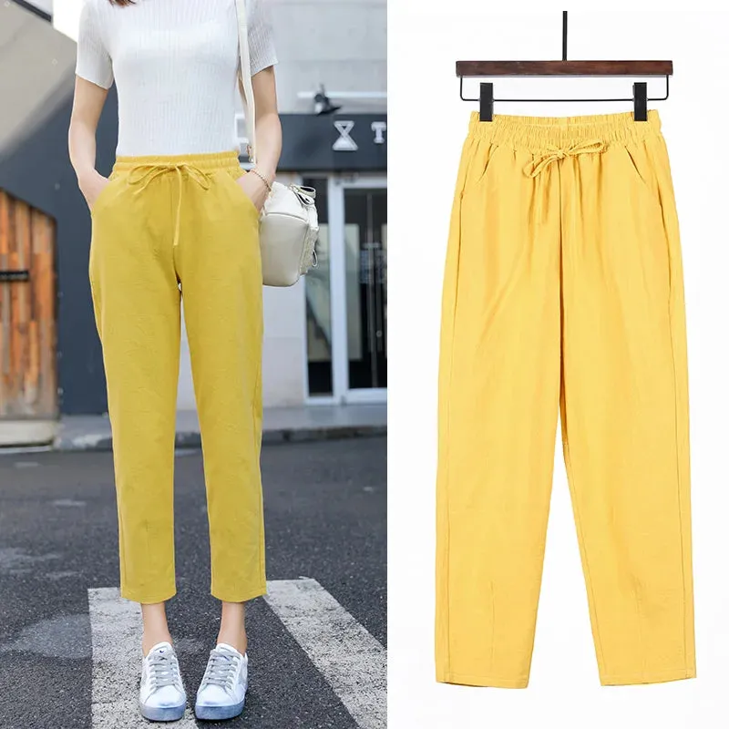 Womens Spring Summer Cotton Linen Elastic Waist Harem Pants