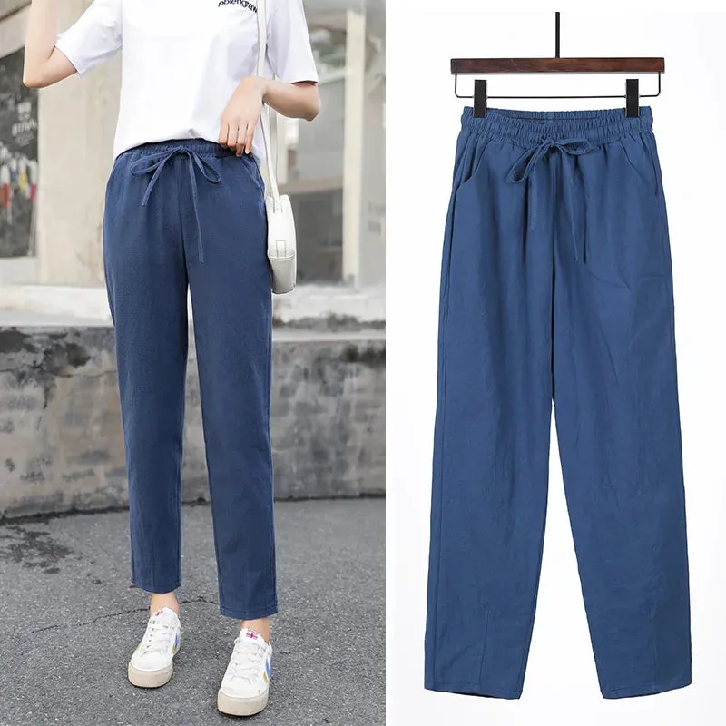 Womens Spring Summer Cotton Linen Elastic Waist Harem Pants