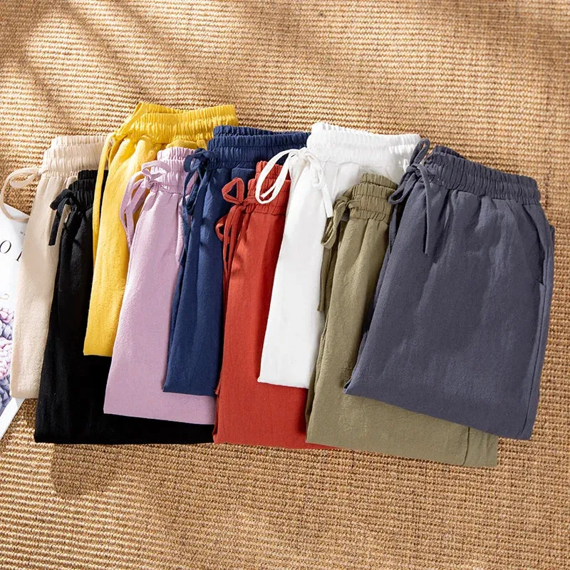 Womens Spring Summer Cotton Linen Elastic Waist Harem Pants