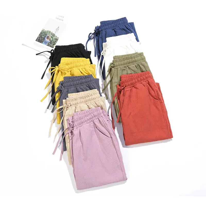 Womens Spring Summer Cotton Linen Elastic Waist Harem Pants