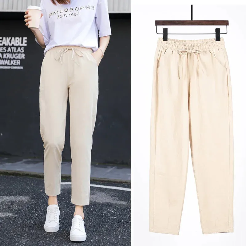Womens Spring Summer Cotton Linen Elastic Waist Harem Pants