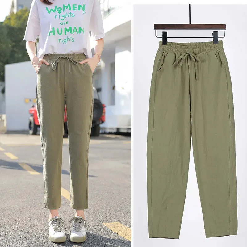 Womens Spring Summer Cotton Linen Elastic Waist Harem Pants