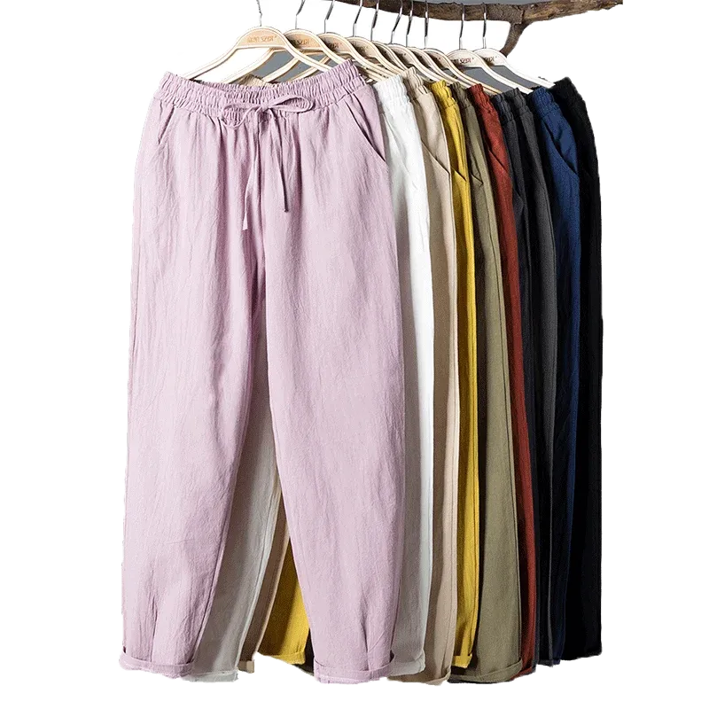 Womens Spring Summer Cotton Linen Elastic Waist Harem Pants