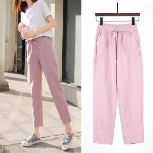 Womens Spring Summer Cotton Linen Elastic Waist Harem Pants