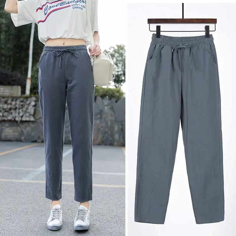 Womens Spring Summer Cotton Linen Elastic Waist Harem Pants