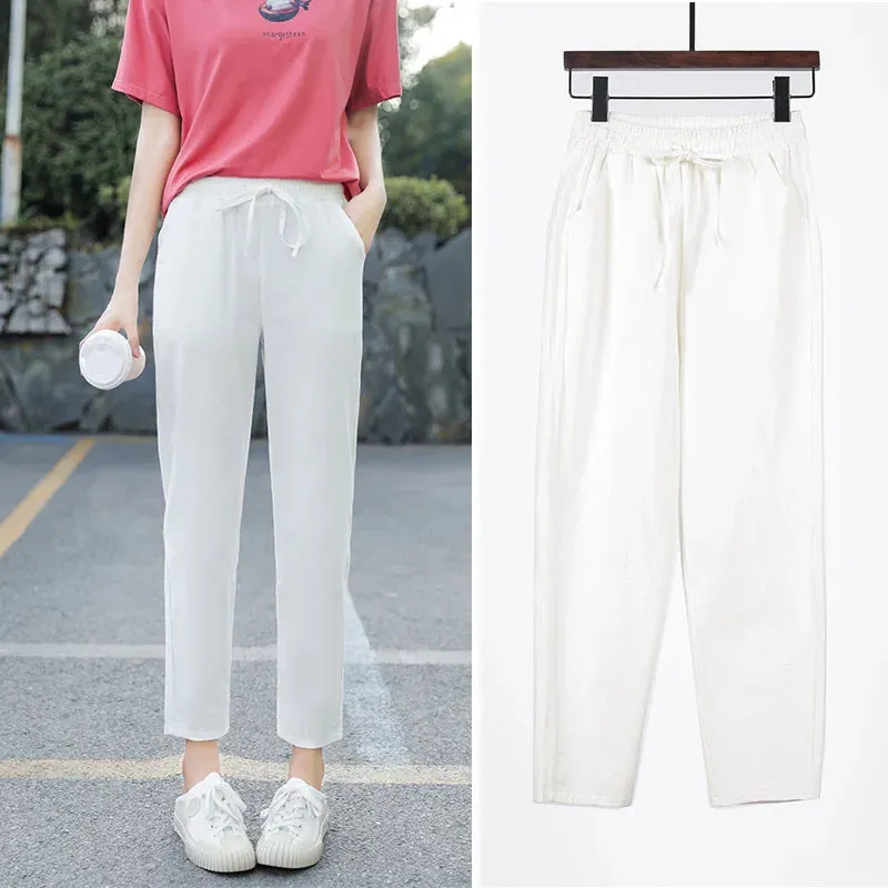 Womens Spring Summer Cotton Linen Elastic Waist Harem Pants
